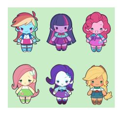 Rule 34 | 6+girls, :&gt;, :d, antenna hair, applejack, applejack (equestria girls), arms at sides, bare arms, bare shoulders, belt, bike shorts under skirt, black belt, blonde hair, blue boots, blue eyes, blue eyeshadow, blue jacket, blue shirt, blue skin, blue skirt, blunt bangs, blunt ends, boots, border, bow, bracelet, brown belt, brown boots, brown hat, butterfly hair ornament, chibi, chibi only, closed mouth, collared jacket, collared shirt, colored skin, cowboy hat, curly hair, cutie mark, denim, denim skirt, diamond hair ornament, eyeshadow, fluttershy, fluttershy (equestria girls), footwear bow, full body, gold bracelet, green background, green boots, green eyes, green hair, green skirt, grin, hair behind ear, hair ornament, hat, ikirunosindo, jacket, jewelry, knee boots, kneehighs, lace-up boots, long hair, long sleeves, looking at viewer, low-tied long hair, makeup, mane six (my little pony), medium skirt, multicolored hair, multiple girls, my little pony, my little pony: equestria girls, my little pony: friendship is magic, open mouth, orange hair, pink bow, pink hair, pink skin, pink skirt, pink socks, pinkie pie, pinkie pie (equestria girls), purple belt, purple boots, purple eyes, purple hair, purple skin, purple skirt, rainbow dash, rainbow dash (equestria girls), rarity (equestria girls), rarity (my little pony), red hair, shirt, short-sleeved jacket, short sleeves, simple background, skirt, smile, socks, solid circle eyes, standing, straight-on, straight hair, streaked hair, swept bangs, tank top, twilight sparkle, twilight sparkle (human), very long hair, white border, white shirt, white skin, white tank top, yellow skin