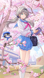 Rule 34 | 1girl, absurdres, aqua eyes, bag, bag charm, bird, black bag, black hairband, blue choker, blue nails, blue sailor collar, blue skirt, blue sky, book, bow, breast pocket, breasts, building, buttons, character request, charm (object), check character, check copyright, cherry blossoms, choker, closed mouth, commentary request, commission, copyright request, day, earrings, floating hair, flower, grey hair, hair bow, hairband, highres, holding, holding book, jewelry, kneehighs, light smile, long hair, long sleeves, looking at viewer, low twintails, luai, medium breasts, mountainous horizon, nail polish, neckerchief, open book, outdoors, partially unbuttoned, pen, penguin, pink flower, pink neckerchief, pocket, sailor collar, school bag, school uniform, serafuku, shirt, skirt, sky, socks, solo, tree, twintails, virtual youtuber, white shirt, white socks, xy production, yawara (vtuber)