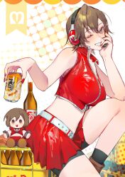 1girl absurdres alcohol belt blush bottle breasts brown_eyes brown_hair can character_doll commentary crop_top drink_can eyelashes from_side hair_between_eyes headphones headset highres holding holding_can kako_(pixiv77158173) knee_up large_breasts looking_at_viewer meiko_(vocaloid) midriff nail_polish one_eye_closed pleated_skirt red_nails shiny_clothes shirt short_hair shorts shorts_under_skirt skirt sleeveless sleeveless_shirt smile solo teeth thighs vocaloid white_belt