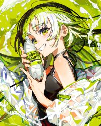 1girl body_mainte bottle commentary_request from_side green_background grin highres holding holding_bottle long_hair mika_pikazo off_shoulder official_art original smile solo sports_drink teeth upper_body yellow_eyes