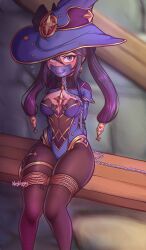 arms_behind_back bdsm bondage bound bound_legs chain chain_leash collar gag genshin_impact hat highres improvised_gag leash mona_(genshin_impact) negi_(liquidu) prison tape tape_gag witch_hat