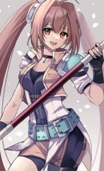 1girl ahoge antenna_hair bike_shorts black_gloves breasts brown_eyes brown_hair choker cropped_jacket double-parted_bangs eiyuu_densetsu estelle_bright fingerless_gloves gloves grey_background hair_between_eyes hajimari_no_kiseki holding holding_staff holding_weapon long_hair looking_at_viewer natsusechoco open_mouth pendant_choker sen_no_kiseki sen_no_kiseki_(series) sen_no_kiseki_i sen_no_kiseki_iv simple_background small_breasts smile solo staff twintails very_long_hair weapon