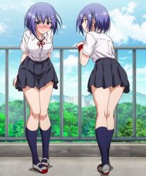 2girls anime_screenshot arms_behind_back blue_eyes blue_hair blush breasts full_body hair_ornament hetero highres hoshizuki_kaede hoshizuki_suzu kaede_to_suzu love_me multiple_girls orange_eyes rooftop school school_roof school_uniform serafuku short_hair siblings sisters skirt standing stitched thighhighs thighs third-party_edit twins white_thighhighs