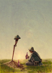 1boy bottle drink grass grave gun helmet male_focus military military_uniform original pacazama rifle sitting soldier solo weapon