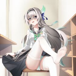 1girl absurdres black_bow black_hairband blue_eyes blush bow bowtie breasts chen_kang collarbone commentary disgust feet firefly_(honkai:_star_rail) firefly_(spring_missive)_(honkai:_star_rail) foot_out_of_frame gradient_hair green_bow green_bowtie green_hair green_panties grey_hair grey_sailor_collar grey_skirt hair_between_eyes hair_bow hairband highres honkai:_star_rail honkai_(series) indoors large_breasts long_hair long_sleeves looking_at_viewer multicolored_eyes multicolored_hair no_shoes official_alternate_costume open_mouth panties partially_shaded_face purple_eyes sailor_collar school_uniform serafuku shirt skirt soles solo teeth thighhighs thighs toes two-tone_eyes underwear upper_teeth_only variant_set very_long_hair white_shirt white_thighhighs