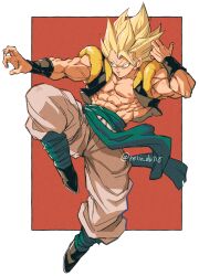 Rule 34 | 1boy, absurdres, black vest, blonde hair, blue sash, cropped vest, dragon ball, dragonball z, fighting stance, full body, gogeta, green eyes, highres, male focus, medium hair, metamoran vest, muscular, muscular male, nipples, no shirt, pants, red background, relio db318, sash, simple background, solo, spiked hair, super saiyan, super saiyan 1, twitter username, vest, white pants