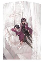 22kolink 2boys bed black_hair curtains highres jacket long_sleeves looking_at_viewer mahoutsukai_no_yakusoku male_focus multiple_boys multiple_girls on_bed pants pillow scarf shirt short_hair siblings sitting smile window