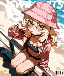 Rule 34 | 1girl, absurdres, adjusting eyewear, beach, bikini, black bikini, black sandals, blonde hair, borrowed character, breasts, bucket hat, cleavage, closed mouth, collarbone, commission, day, green eyes, hat, hepari, highres, hood, hooded jacket, jacket, long sleeves, looking at viewer, medium breasts, navel, original, outdoors, pink hat, pink jacket, red-tinted eyewear, round eyewear, sandals, sitting, solo, sunglasses, swimsuit, tinted eyewear, twitter username