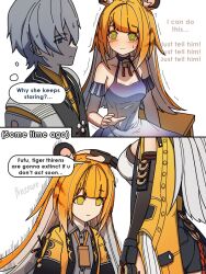 1boy 2girls @_@ alternate_costume animal_ears bell confused dating dorahdew english_text headpat highres jacket ju_fufu long_hair multiple_girls neck_bell orange_fur short_hair speech_bubble sweatdrop thought_bubble tiger_ears tiger_girl tiger_stripes wise_(soaring_crane)_(zenless_zone_zero) wise_(zenless_zone_zero) yellow_jacket yixuan_(zenless_zone_zero) zenless_zone_zero