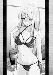 1girl arm_at_side bed bedroom blanket blush bow bow_bra bow_panties bra breasts breasts_apart choppy_bangs collarbone commentary_request cowboy_shot gluteal_fold greyscale hair_over_shoulder hand_up highres indoors izumi_sumi lace lace_bra lace_panties large_breasts lingerie long_hair long_sidelocks looking_at_viewer mirror monochrome nande_ikiteru_ka_wakaranai_hito_izumi_sumi_25-sai navel no_pupils nose_blush original panties pants parted_lips playing_with_own_hair ringoanu side-tie_panties sidelocks solo standing stomach straight_hair sweatdrop underwear underwear_only unworn_bra unworn_pants