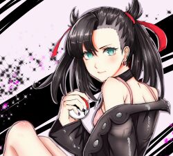 1girl armpit_crease asymmetrical_bangs black_choker black_hair black_jacket choker closed_mouth dress earrings hair_ribbon hand_up highres holding holding_poke_ball jacket jewelry knees_up looking_at_viewer marnie_(pokemon) nikomi_purin nintendo off_shoulder pink_dress poke_ball poke_ball_(basic) pokemon pokemon_swsh purple_nails red_ribbon ribbon sitting solo stud_earrings twintails undercut