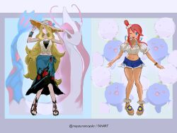 2girls bikini bikini_under_clothes bikini_under_shorts blonde_hair blue_eyes blue_sarong blue_shorts breasts brown_hat collarbone crop_top cynthia_(pokemon) cynthia_(summer_2025)_(pokemon) denim denim_shorts flower flower_hat gen_2_pokemon gen_3_pokemon grey_eyes hair_ornament hair_over_one_eye hat hat_flower high_heel_sandals jumpluff long_hair looking_at_viewer mayotsunamayo midriff milotic multiple_girls navel nintendo off-shoulder_shirt off_shoulder official_alternate_costume one_eye_closed one_side_up open_mouth pokemon pokemon_(creature) pokemon_masters_ex red_hair sandals sarong shirt shorts sidelocks skyla_(pokemon) skyla_(summer_2025)_(pokemon) smile straw_hat sun_hat swimsuit teeth tied_shirt very_long_hair