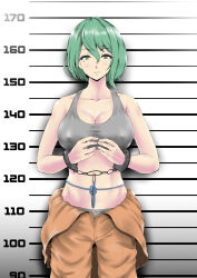 1girl absurdres bra breasts covered_erect_nipples cuffs dead_or_alive green_eyes green_hair grey_bra handcuffed handcuffs highres jumpsuit jumpsuit_around_waist large_breasts mugshot smile solo tagme tamaki_(doa) tied_up_(nonsexual) togaxan underwear