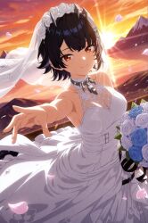 1girl armpits bare_arms belt blurry bouquet breasts bridal_veil cleavage closed_mouth collar collarbone depth_of_field dress ear_piercing ellen_joe flower hair_ornament halterneck highres looking_at_viewer medium_breasts mole mole_under_eye mountainous_horizon orange_sky outstretched_arm petals piercing red_eyes sky sleeveless sleeveless_dress smile spiked_collar spikes sunlight sunset veil wedding_dress wind zenless_zone_zero