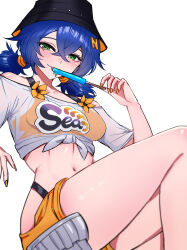 1girl absurdres belle_(summer_skies)_(zenless_zone_zero) belle_(zenless_zone_zero) bikini bikini_under_clothes black_hat blue_hair breasts bucket_hat commentary crossed_bangs english_commentary food green_eyes grey_background hair_between_eyes hat highres holding holding_food holding_popsicle looking_at_viewer medium_breasts official_alternate_costume orange_bikini popsicle rokosannn shirt short_twintails simple_background solo swimsuit thighs twintails white_shirt zenless_zone_zero