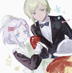 1boy 1girl apron artist_name black_bow black_bowtie black_dress blonde_hair blue_hair bow bowtie bun_cover deux_murasame dress formal_clothes freckles gates_capa green_eyes gundam gundam_gquuuuuux haa065 hair_bow hair_bun highres long_eyelashes long_sleeves looking_at_viewer maid maid_apron pale_skin simple_background sketch suit white_background white_hair