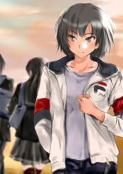 3girls amagami bag black_hair black_legwear black_pants black_serafuku black_skirt blush brown_eyes casual character_request closed_mouth collarbone commentary_request cowboy_shot evening hand_in_pocket jacket long_hair long_sleeves multiple_girls murasaki_iro nanasaki_ai open_clothes open_jacket orange_sky outdoors over_shoulder pants pink_shirt pleated_skirt school_bag school_uniform serafuku shirt short_hair skirt sky smile solo_focus standing thighhighs tsurime white_jacket zettai_ryouiki