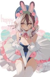Rule 34 | 1girl, absurdres, animal ears, between legs, black hair, braid, bright pupils, dress, easter, frilled dress, frills, green eyes, hair between eyes, hair ornament, hair scrunchie, hand between legs, happy easter, hat, highres, katsubaoo, leotard, long hair, long sleeves, looking at viewer, multicolored hair, original, puffy sleeves, rabbit ears, rabbit girl, scrunchie, shirt, simple background, solo, thighhighs, twin braids, two-tone hair, white background, white pupils, white shirt, white thighhighs