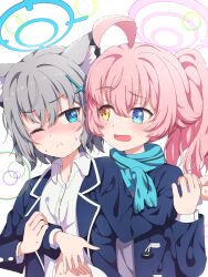 2girls blazer blue_archive blue_eyes blue_halo blue_jacket blue_scarf blush closed_mouth collared_shirt cross cross_hair_ornament flat_chest hair_ornament halo heterochromia highres hoshino_(blue_archive) hoshino_(second_year)_(blue_archive) jacket latin_cross layered_sleeves long_hair long_sleeves mikoshi_(user_wvyd4348) multiple_girls navel one_eye_closed open_mouth pink_halo ponytail scarf shiroko_(blue_archive) shiroko_(young)_(blue_archive) shirt short_hair simple_background upper_body white_background white_shirt yellow_eyes