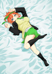1girl absurdres ass_peek bed_sheet black_jacket black_socks blazer blue_eyes blush bow bowtie breasts closed_mouth commentary_request from_above full_body fumitsubusareta_taka go-toubun_no_hanayome green_bow green_bowtie green_ribbon green_skirt hair_ribbon hands_up highres jacket kneehighs long_sleeves looking_at_viewer lying medium_breasts nakano_yotsuba on_back orange_hair pleated_skirt ribbon shirt short_hair skirt socks solo sweater_vest thighs white_shirt winter_uniform yellow_sweater_vest