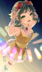 1girl absurdres arms_up breasts brown_jacket cleavage detached_collar goggles goggles_on_head green_eyes green_hair gumi highres jacket miniskirt short_hair_with_long_locks sidelocks skirt sleeveless sleeveless_jacket small_breasts solo suzuri_suzuna thigh_strap vocaloid white_footwear wing_collar yellow_skirt