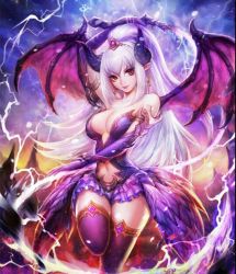 1girl artist_request bare_shoulders black_thighhighs breasts cleavage clothing_cutout dark_summoner demon_girl demon_wings earrings elbow_gloves energy_whip female_focus gloves horns jewelry large_breasts leg_up lightning lips long_hair looking_at_viewer navel navel_cutout outdoors playful_kyari purple_gloves purple_skirt red_eyes skirt sky smile solo source_request staff standing standing_on_one_leg thighhighs tiara weapon whip white_hair wings zettai_ryouiki