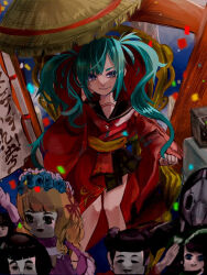 1girl aqua_hair barefoot black_eyes black_sailor_collar blurry closed_mouth commentary_request confetti depth_of_field doll hatsune_miku japanese_clothes long_hair looking_at_viewer mamiya_miya paprika parade parody sailor_collar sleeves_past_wrists smile solo twintails vocaloid wide_sleeves