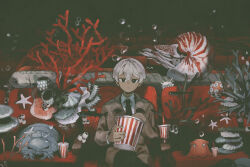 Rule 34 | 1boy, air bubble, black eyes, black necktie, brown coat, bubble, bucket, closed mouth, coat, collared shirt, commentary request, coral, cup, disposable cup, eel, food, grey hair, highres, holding, holding bucket, isopod, jimini shijimi, looking at viewer, male focus, movie theater, nautilus (animal), necktie, octopus, original, popcorn, seashell, shell, shirt, short hair, sitting, solo, starfish, theater seating, underwater, white shirt