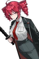 1girl absurdres ahoge alternate_costume black_coat breast_pocket breasts closed_mouth coat coat_on_shoulders collared_shirt commentary commentary_request double-parted_bangs drill_hair english_commentary formal_clothes hair_between_eyes half-closed_eyes hand_up highres holding holding_knife jacket kasane_teto knife lapels large_breasts light_blush looking_at_viewer necktie notched_lapels open_clothes open_jacket pant_suit pants pocket red_eyes red_necktie shirt simple_background solo suit transparent_background twin_drills utau vvernerluniq wing_collar