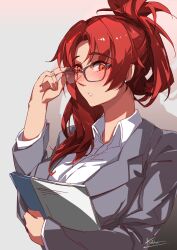 1girl alternate_eye_color anime_coloring book breasts collared_shirt formal_clothes glasses grey_jacket highres holding holding_book honkai_(series) honkai_impact_3rd jacket kili_kilio large_breasts long_hair long_sleeves looking_at_viewer murata_himeko orange_eyes red_hair shirt solo teacher upper_body white_shirt