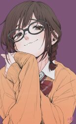 1girl :3 absurdres black-framed_eyewear bow bowtie braid brown_eyes brown_hair collared_shirt fingernails glasses highres kaoru_hana_wa_rin_to_saku looking_at_viewer medium_hair mikami_saka orange_sweater own_hands_together purple_background raised_eyebrow red_bow red_bowtie shirt sidelocks signature simple_background single_braid solo sweater swept_bangs white_shirt yuzuhara_madoka