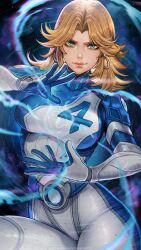 1girl blonde_hair blue_bodysuit blue_eyes bodysuit breasts earrings fantastic_four gloves highres jewelry large_breasts long_hair looking_at_viewer magion02 marvel marvel_rivals smile solo sue_storm superhero_costume two-tone_bodysuit white_bodysuit