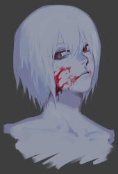 1boy black_eyes blood brown_background collarbone cropped_torso grey_hair heterochromia highres kaneki_ken male_focus poteto_(stef7224) red_eyes short_hair simple_background solo tokyo_ghoul tokyo_ghoul:re