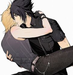 2boys aries20770321 arm_around_shoulder black_gloves black_hair black_jacket black_pants black_shirt blonde_hair blue_eyes bracelet closed_mouth collarbone collared_jacket commentary copyright_name crew_neck final_fantasy final_fantasy_xv fingernails glove_cutout gloves hair_between_eyes hashtag-only_commentary highres jacket jewelry looking_ahead male_focus multiple_boys noctis_lucis_caelum open_clothes open_jacket pants prompto_argentum shirt short_sleeves simple_background single_bare_shoulder sitting sitting_on_lap sitting_on_person sleeveless sleeveless_shirt studded_bracelet t-shirt twitter_username unzipped white_background wing_collar yaoi zipper