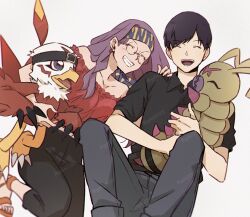 Rule 34 | 1boy, 1girl, bare shoulders, beak, bird, black hair, black pants, black shirt, bug, closed eyes, digimon, digimon (creature), digimon adventure 02: the beginning, gdn0522, grey pants, hawkmon, ichijouji ken, inoue miyako, long hair, off-shoulder shirt, off shoulder, open mouth, pants, parted lips, purple hair, red shirt, shirt, short hair, smile, talons, upper body, wormmon