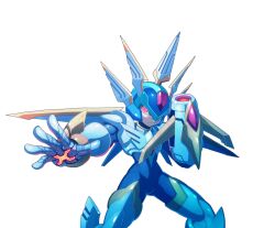 Rule 34 | 1boy, absurdres, arm cannon, armor, blue helmet, copy x (mega man), cowboy shot, fins, forehead jewel, head fins, helmet, hi-go!, highres, looking at viewer, male focus, mega man (series), mega man zero (series), mega man zero 1, red eyes, simple background, solo, weapon, white armor, white background