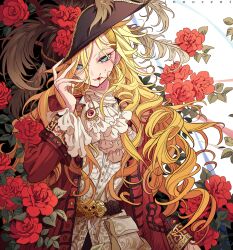 1girl ascot bad_id bad_twitter_id belt bicorne black_belt black_hat blonde_hair blood blood_on_face blue_eyes coat commentary_request copyright_name cowboy_shot floral_background flower gold_trim hand_up hat hat_feather hat_flower highres inactive_account innocent_rouge leaf long_eyelashes long_hair long_sleeves looking_at_viewer marie-joseph_sanson meremero red_coat red_flower red_rose rose shirt skull smile solo standing tongue tongue_out white_ascot white_shirt
