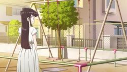 1boy 1girl animated anime_screenshot audible_speech bench bicycle climbing dress drinking drinking_fountain english_audio komi-san_wa_komyushou_desu komi_shouko long_hair monkey_bars no_mouth no_nose outdoors pants park park_bench playground riding riding_bicycle sitting slide sound spinning swing swing_set swinging video water white_dress