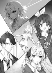1boy 4girls :d @_@ ahoge bow bowtie braid closed_mouth collared_shirt commentary_request dress drooling fainted frown greyscale hair_ribbon hand_up long_hair long_sleeves looking_to_the_side lying momoko_(momopoco) monochrome mouth_drool multiple_girls novel_illustration official_art on_back one_side_up open_mouth oshiego_ni_kyouhaku_sareru_no_wa_hanzai_desu_ka? parted_bangs parted_lips plaid_bow plaid_bowtie plaid_clothes ribbon school_uniform second-party_source shirt short_hair small_sweatdrop smile tenjin_(oshiego_ni_kyouhaku_sareru_no_wa_hanzai_desu_ka?) tsutsukakushi_seika uzurano_toe wing_collar yayaya_yaya