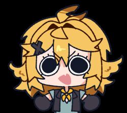 Rule 34 | 1girl, :d, animated, animated gif, aqua shirt, black eyes, black gloves, black jacket, blonde hair, chibi, commentary, dokibird (bounty hunter), dokibird, english commentary, fang, feather hair, gloves, hair ornament, indie virtual youtuber, itsjustfrel, jacket, looking at viewer, looping animation, medium hair, neckerchief, open mouth, orange neckerchief, shirt, skin fang, smile, solo, transparent background, virtual youtuber, x hair ornament