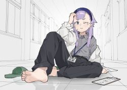 1girl arm_up barefoot black_pants blue_eyes blue_hairband blunt_ends bruise clipboard collared_shirt eflo_(794753336) feet full_body grey_hair hairband highres indoors injury jacket kitsunezuka-sensei kneehighs long_hair long_sleeves looking_at_viewer name_tag on_ground one_eye_closed open_clothes open_jacket pants purple_eyes purple_hair seitokai_ni_mo_ana_wa_aru! shadow shirt sitting sketch_background slippers socks soles solo toes unworn_slippers white_jacket