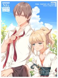 1boy 1girl animal_ears ayamisiro blonde_hair breasts brown_eyes brown_hair cat_ears cat_girl collared_shirt copyright_name elezen elf final_fantasy final_fantasy_xiv green_eyes highres hot miqo&#039;te necktie open_mouth orange_shirt overalls partially_unbuttoned pointy_ears ponytail red_necktie shirt sweat undone_necktie warrior_of_light_(ff14) white_shirt