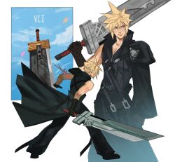 Rule 34 | 1boy, absurdres, arm ribbon, armor, black boots, black cape, black gloves, black pants, black sleeves, black vest, blonde hair, blue eyes, boots, buster sword, cape, cloud strife, falling petals, fenrir (final fantasy), final fantasy, final fantasy vii, final fantasy vii advent children, first ken, fusion swords, gloves, hair between eyes, highres, holding, holding sword, holding weapon, male focus, nerddynerb, over shoulder, pants, petals, pink ribbon, planted, planted sword, planted weapon, popped collar, ribbon, short hair, shoulder armor, single bare shoulder, single shoulder pad, single sleeve, solo, spiked hair, sword, vest, waist cape, weapon, weapon over shoulder