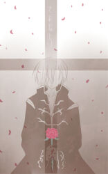 Rule 34 | 1boy, brown theme, closed mouth, coat, commentary request, dated commentary, expressionless, faceless, faceless male, flower, holding, holding flower, male focus, petals, priest (ragnarok online), ragnarok online, red flower, red rose, rose, sharari, short hair, solo, spot color, upper body