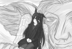 Rule 34 | 1girl, absurdres, angel wings, animal ears, closed mouth, coat, ear tag, earrings, greyscale, hair between eyes, highres, horse ears, horse girl, horse tail, jewelry, kujakucafe, light smile, long bangs, long hair between eyes, looking at viewer, manhattan cafe (umamusume), monochrome, multicolored hair, shirt, single ear down, single earring, solo, tail, umamusume, wings