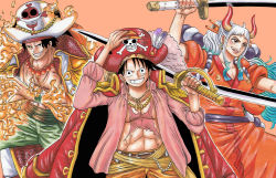 1girl 2boys abs absurdres bare_pectorals bead_necklace beads bicorne black_hair blue_hair burn_scar coat coat_on_shoulders cosplay curled_horns dual_wielding earrings edward_newgate edward_newgate_(cosplay) evil_smile facial_scar fire floating_hair gol_d._roger gol_d._roger_(cosplay) green_hair grin hair_ornament hair_stick hand_on_headwear hat hat_feather highres holding holding_sword holding_weapon horns japanese_clothes jewelry jolly_roger kimono kouzuki_oden kouzuki_oden_(cosplay) long_hair looking_at_viewer looking_to_the_side monkey_d._luffy multicolored_hair multicolored_horns multiple_boys necklace official_style one_piece open_clothes open_shirt over_shoulder pants pectorals pirate pirate_hat portgas_d._ace red_horns riku_(rikuw223xx) rope scar scar_on_cheek scar_on_chest scar_on_face shimenawa short_hair sidelocks simple_background skull_and_crossbones smile stomach straw_hats_jolly_roger sword teeth toned toned_male v-shaped_eyebrows very_long_hair weapon weapon_over_shoulder white_hair whitebeard_pirates_jolly_roger yamato_(one_piece) yellow_horns
