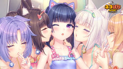6+girls alternate_hairstyle animal_ear_fluff animal_ear_hairband animal_ears arm_strap azuki_(nekopara) bell bikini black_hair blonde_hair blue_nails bow braid brown_hair cat_ears cat_girl chocola_(nekopara) cinnamon_(nekopara) closed_eyes coconut_(nekopara) collarbone double_bun fake_animal_ears food-themed_hair_ornament fruit_hair_ornament game_cg hair_bun hair_ornament hairband heart heart_print holding_hands imminent_kiss lime_hair_ornament maple_(nekopara) minazuki_shigure multiple_girls nail_polish neck_bell nekopara official_art one-piece_swimsuit one_eye_closed orange_hair orange_nails pink_nails print_bow purple_eyes purple_hair sayori_(neko_works) siblings sisters sucking_finger swimsuit twin_braids twins vanilla_(nekopara) watermark watermelon_hair_ornament white_hair yuri