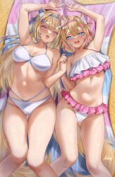 2girls alternate_costume animal_ear_fluff animal_ears arm_up armpits bandaid bandaid_hair_ornament beach_mat bikini blonde_hair blue_eyes blue_hair blush breasts cleavage commentary dog_ears dog_girl dog_tail double-parted_bangs fangs fingernails frilled_bikini frills fuwawa_abyssgard gluteal_fold hair_intakes hair_ornament hairband hairclip halterneck highres holding_hands hololive hololive_english large_breasts long_hair looking_at_viewer lying mococo_abyssgard morineko multicolored_hair multiple_girls navel on_back open_mouth parallel_hairclips pink_bikini pink_eyes pink_hair sand short_hair siblings signature sisters skin_fangs small_breasts spiked_hairband spikes stomach streaked_hair string_bikini swimsuit tail thigh_gap thighs twins two_side_up virtual_youtuber white_bikini x_hair_ornament