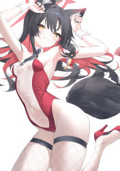 Rule 34 | 1girl, alternate costume, animal ear fluff, armpits, bare arms, bare shoulders, black hair, black nails, blue archive, blush, breasts, cleavage, colored inner hair, covered navel, fishnet thighhighs, fishnets, fox girl, fox tail, grin, highleg, highleg leotard, highres, infinity (kkx132), leotard, looking at viewer, multicolored hair, nontraditional playboy bunny, rabbit pose, red leotard, red shoes, see-through clothes, see-through leotard, shoes, smile, solo, tail, thighhighs, two-tone hair, wakamo (blue archive), wrist cuffs, yellow eyes
