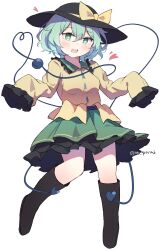 1girl :d ar_(maeus) black_boots black_hat boots bow buttons collared_shirt diamond_button frilled_shirt_collar frills full_body green_eyes green_hair green_skirt hair_between_eyes hashtag-only_commentary hat hat_bow heart heart-shaped_pupils heart_of_string highres komeiji_koishi long_sleeves looking_at_viewer open_mouth shirt short_hair simple_background skirt sleeves_past_fingers sleeves_past_wrists smile solo symbol-shaped_pupils third_eye touhou twitter_username white_background yellow_background yellow_shirt